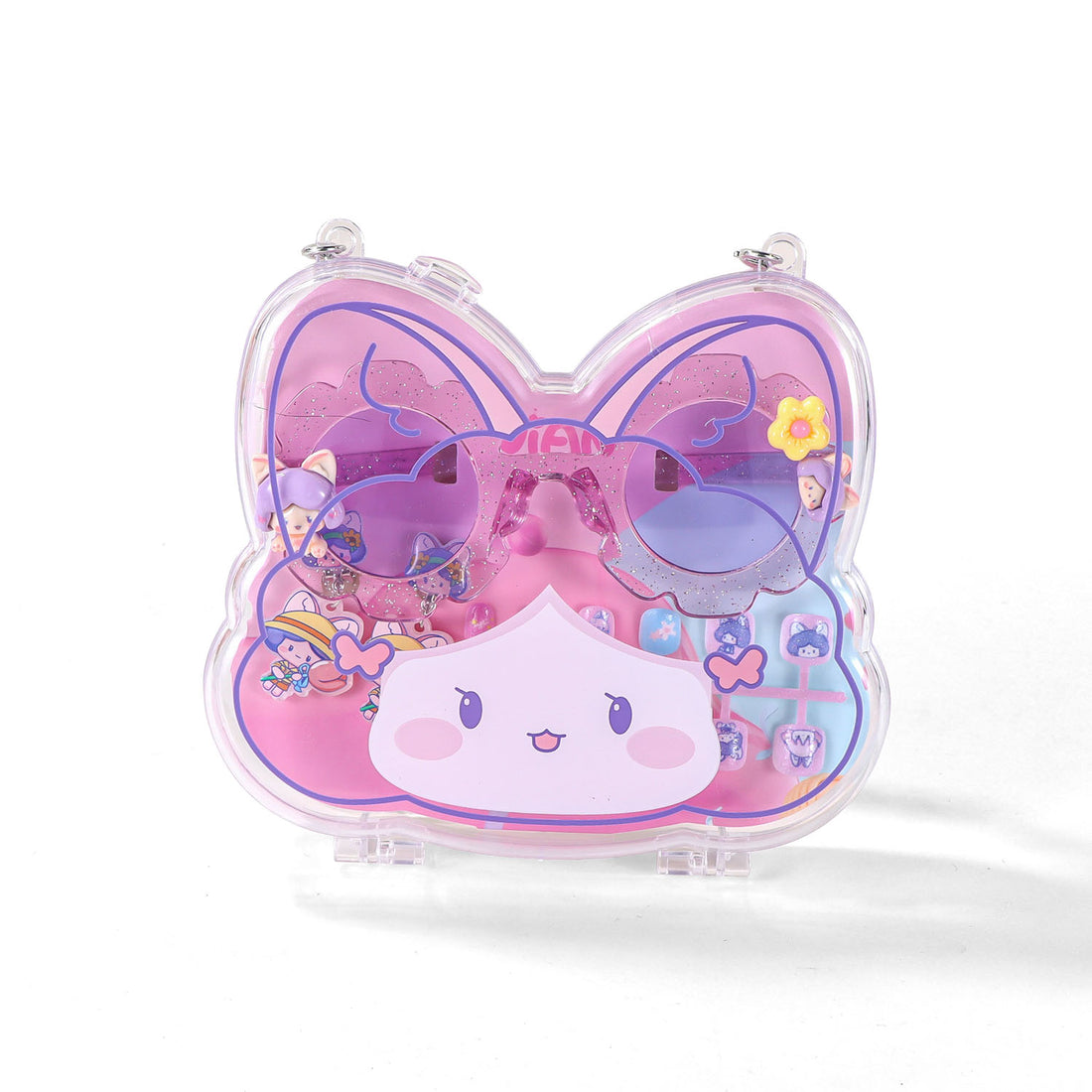 Heart-shaped kids accessory case with cute pink character graphic and top handles