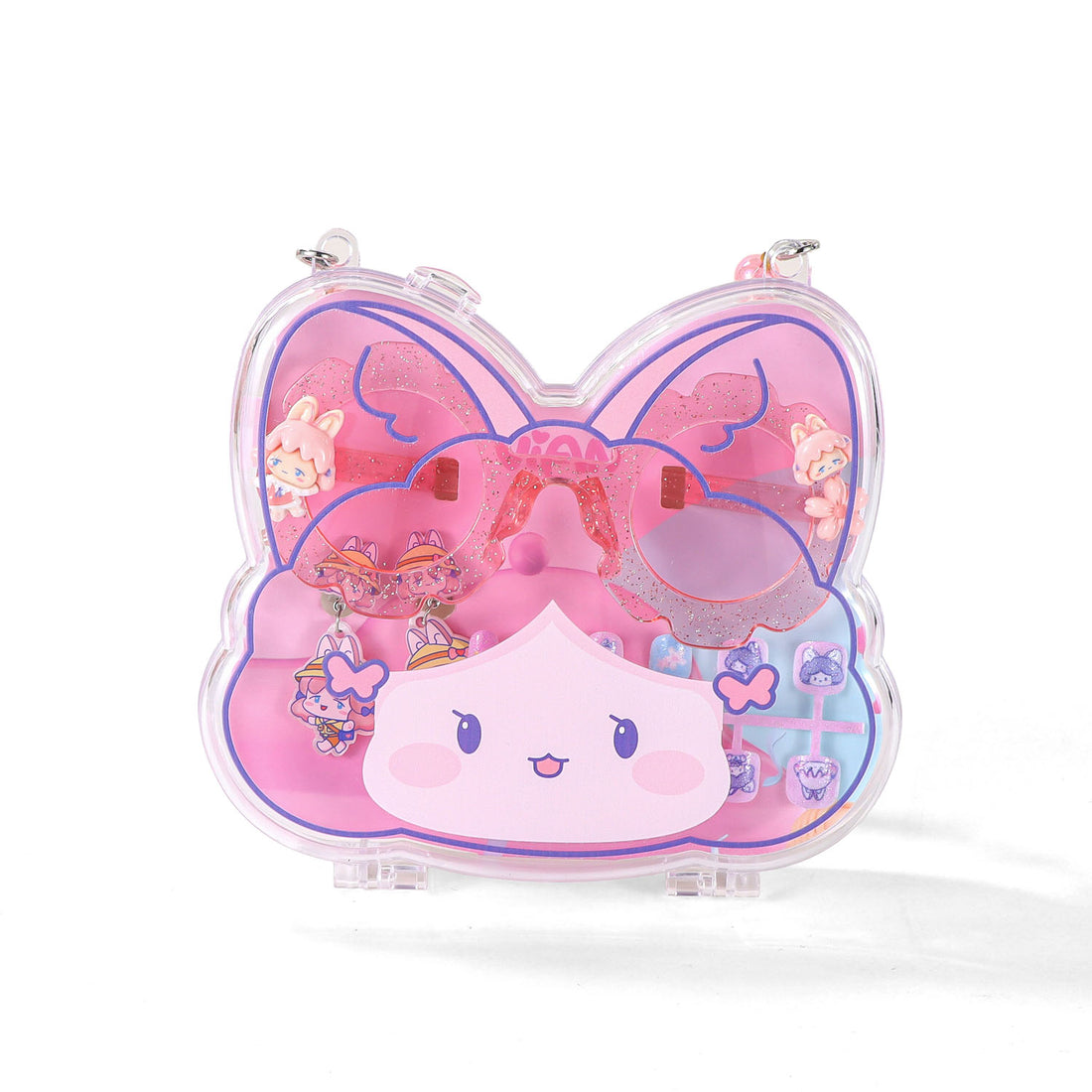 Heart-shaped kids accessory case with pink and purple character art and cat face