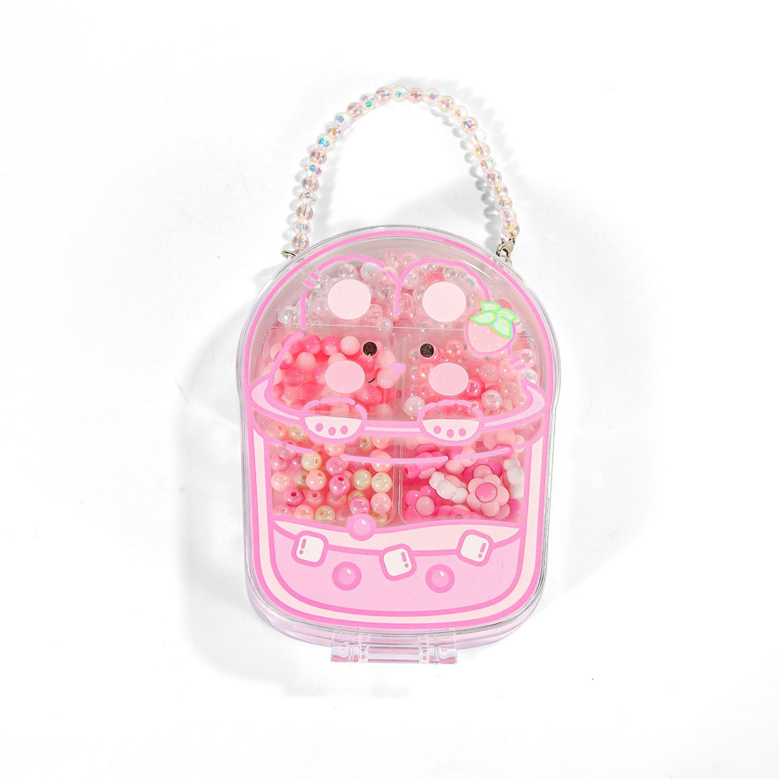 Pink clear bead set case with multicolor beads and cute face design