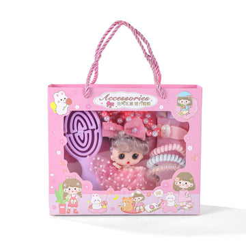 Accessory set box with doll, purple tool, and pink hair accessories