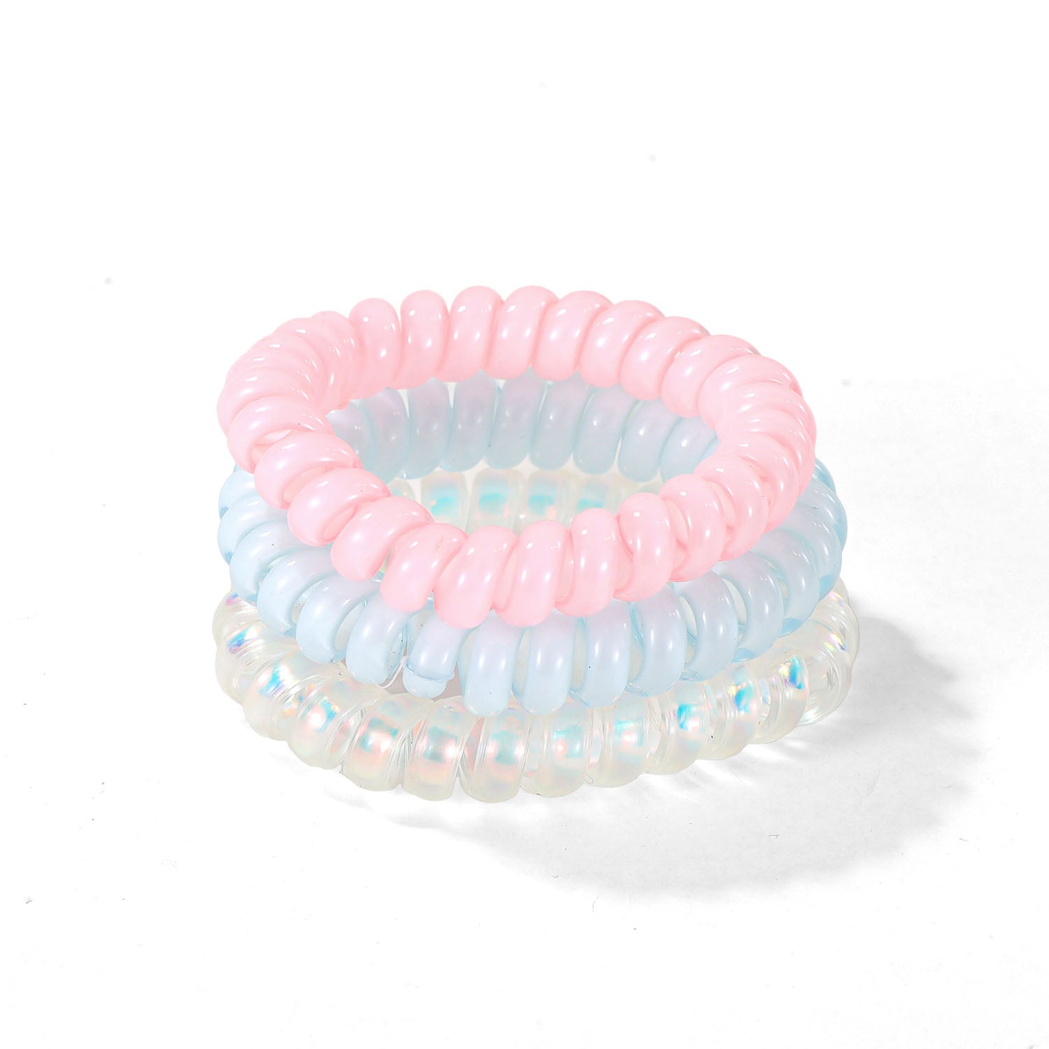 Pair of spring hair ties: pastel pink and blue with iridescent sheen