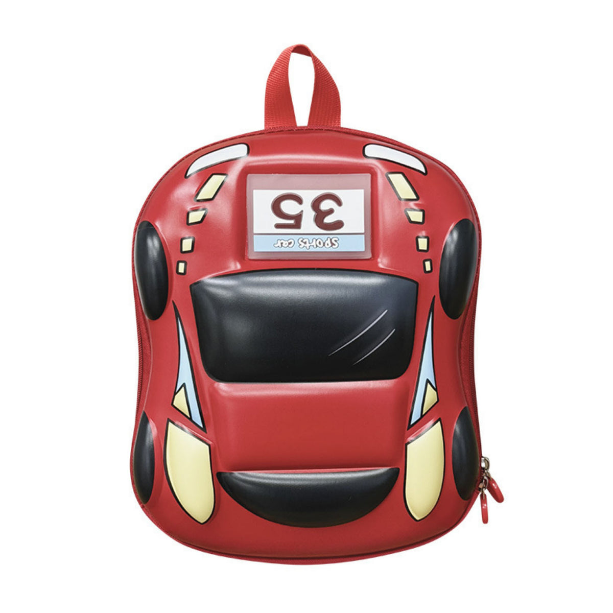 Red car-shaped light-up children’s backpack with black front window and side zipper pocket.
