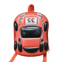 Orange car-shaped light-up children’s backpack with black front window and side zipper pocket.