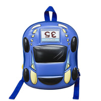 Blue car-shaped light-up children’s backpack with black front window and side zipper pocket.