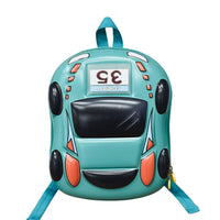 Turquoise car-shaped light-up children’s backpack with black front window and side zipper pocket.