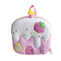 Pink light-up kids backpack with strawberry and rabbit print, front zipper