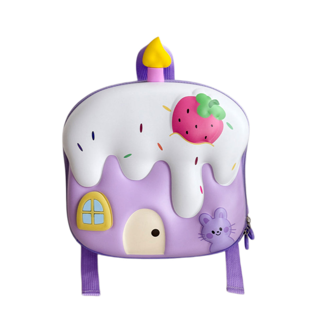 Lavender light-up kids backpack with strawberry and bunny print, front zipper