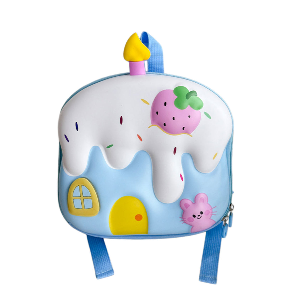 Sky blue light-up kids backpack with fruit-and-mouse house print, front zipper