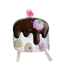 Brown light-up kids backpack with strawberry and mouse house print, front zipper
