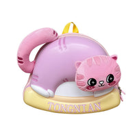 Pink eggshell-shaped plush kids backpack with bear face pouch on front and straps