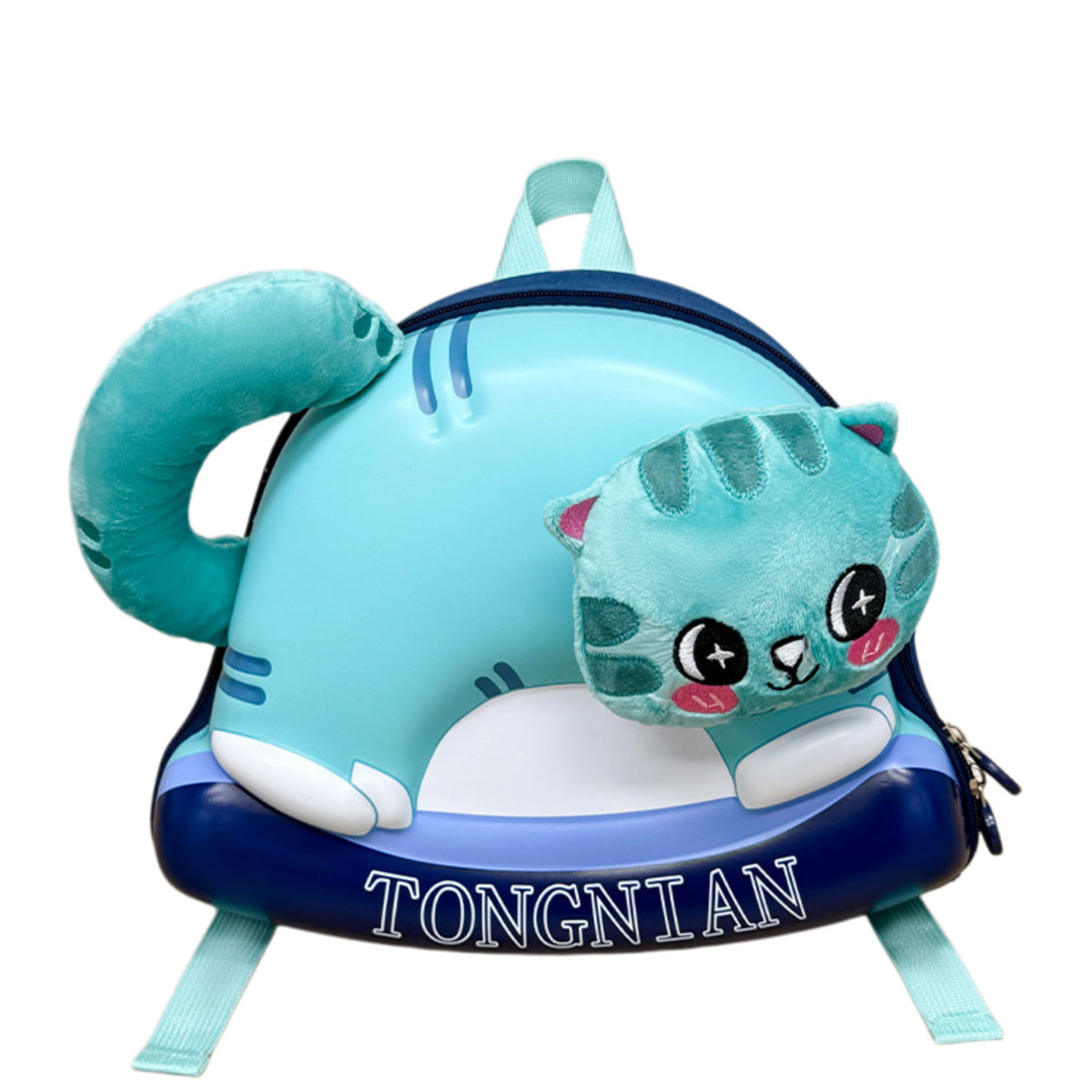 Teal and navy eggshell-shaped plush kids backpack with bear face and front zipper