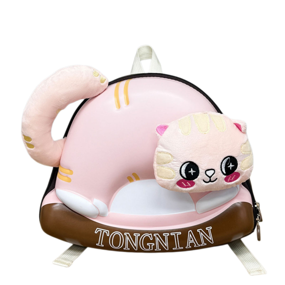 Pink and black eggshell-shaped plush kids backpack with bear face front pouch