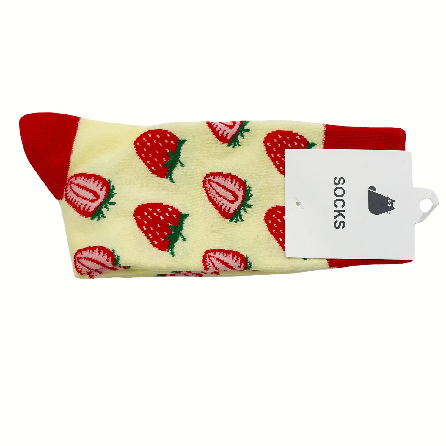 Cream socks with red strawberry pattern and red toe/heel
