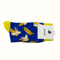 Blue socks with banana and fruit pattern