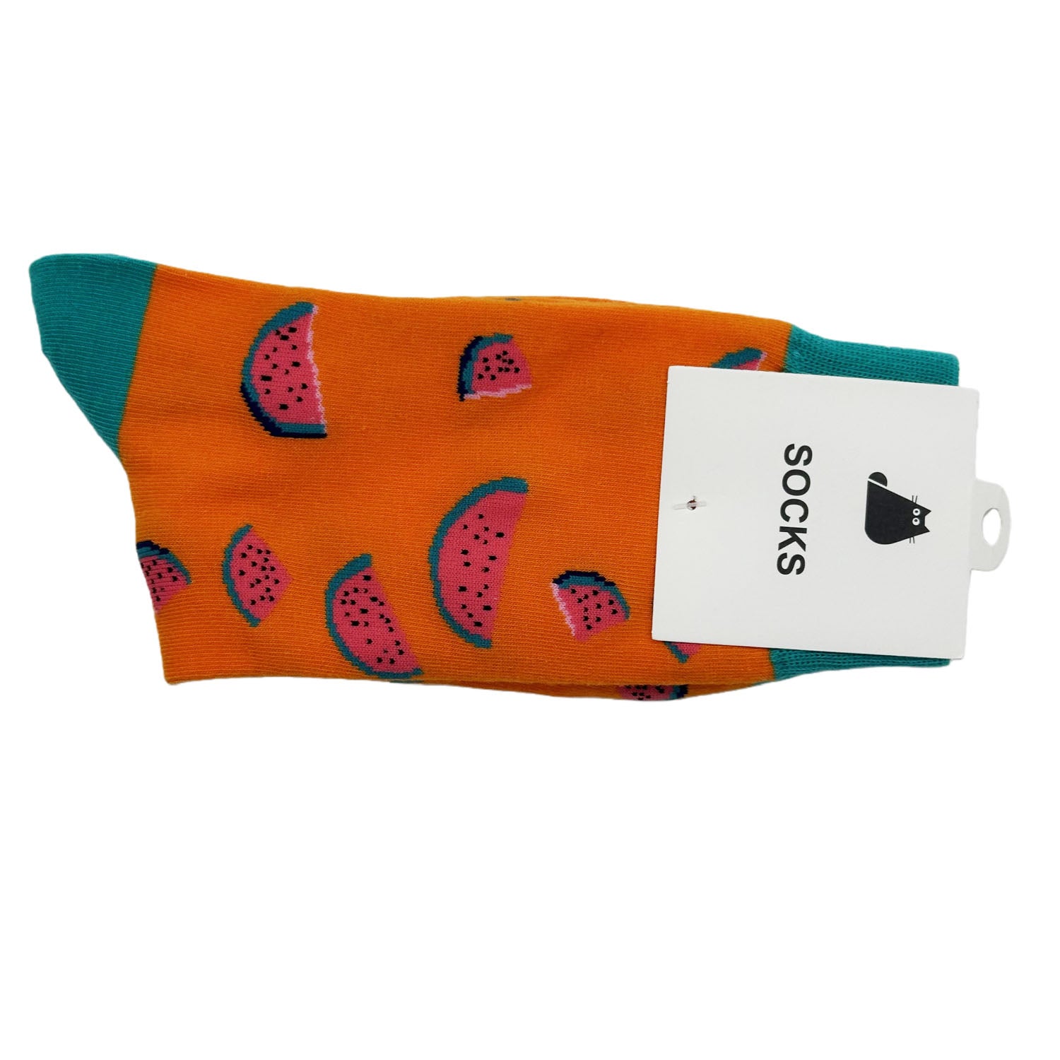Orange socks with watermelon slice pattern and green toe/heel