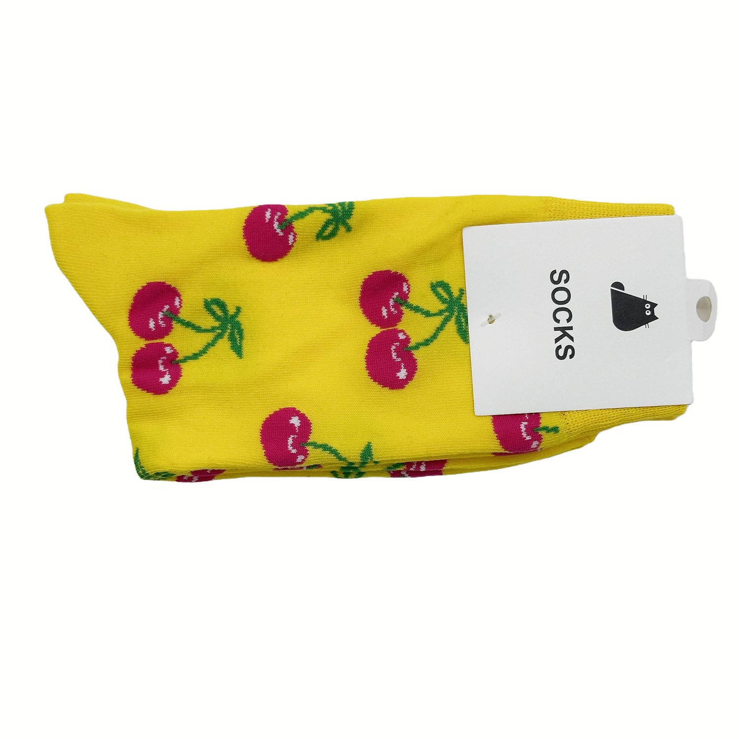 Yellow socks with cherry and green leaf pattern