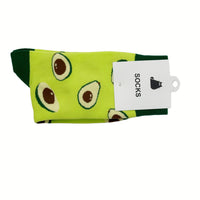 Neon green socks with avocado pattern and dark green toe/heel