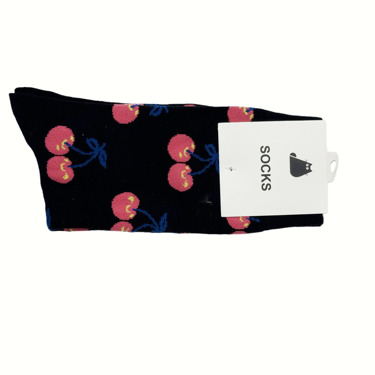 Dark navy socks with cherry and leaf pattern