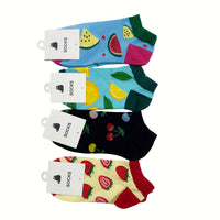 Assorted fruit-pattern socks in black, cream, blue, and red colors