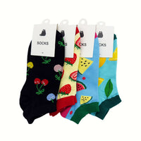 Assorted fruit-pattern socks: black, cream, blue, and red styles