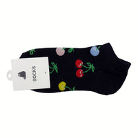 Navy socks with colorful fruit pattern and green-accent toes
