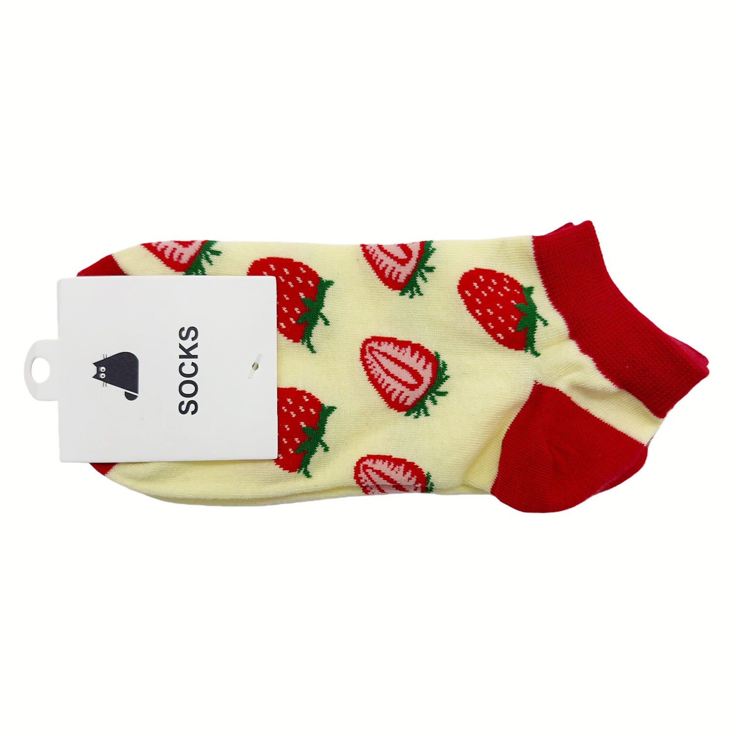 Cream socks with red fruit pattern; red cuffs and heels