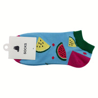 Blue socks with watermelon and lemon pattern; green toe and heel