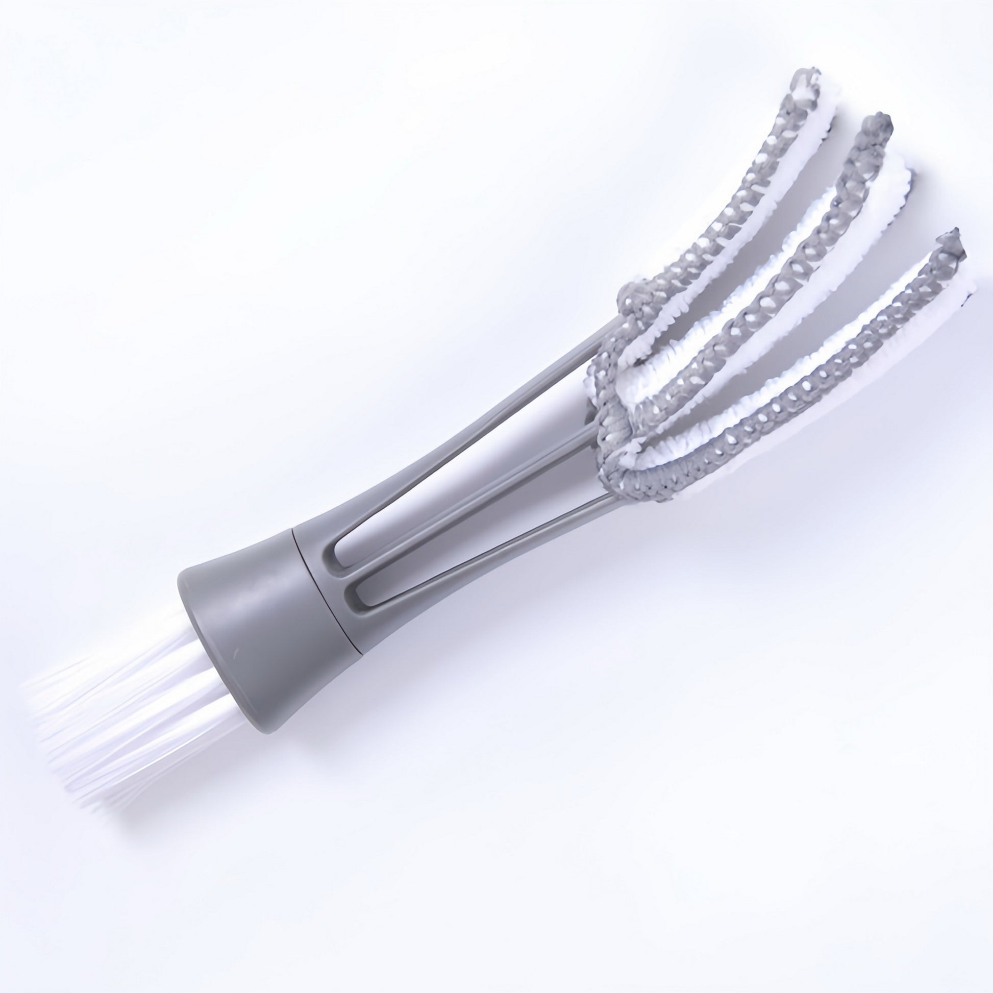Multi-head cleaning brush with PP handle, three white bristle heads and grey grip
