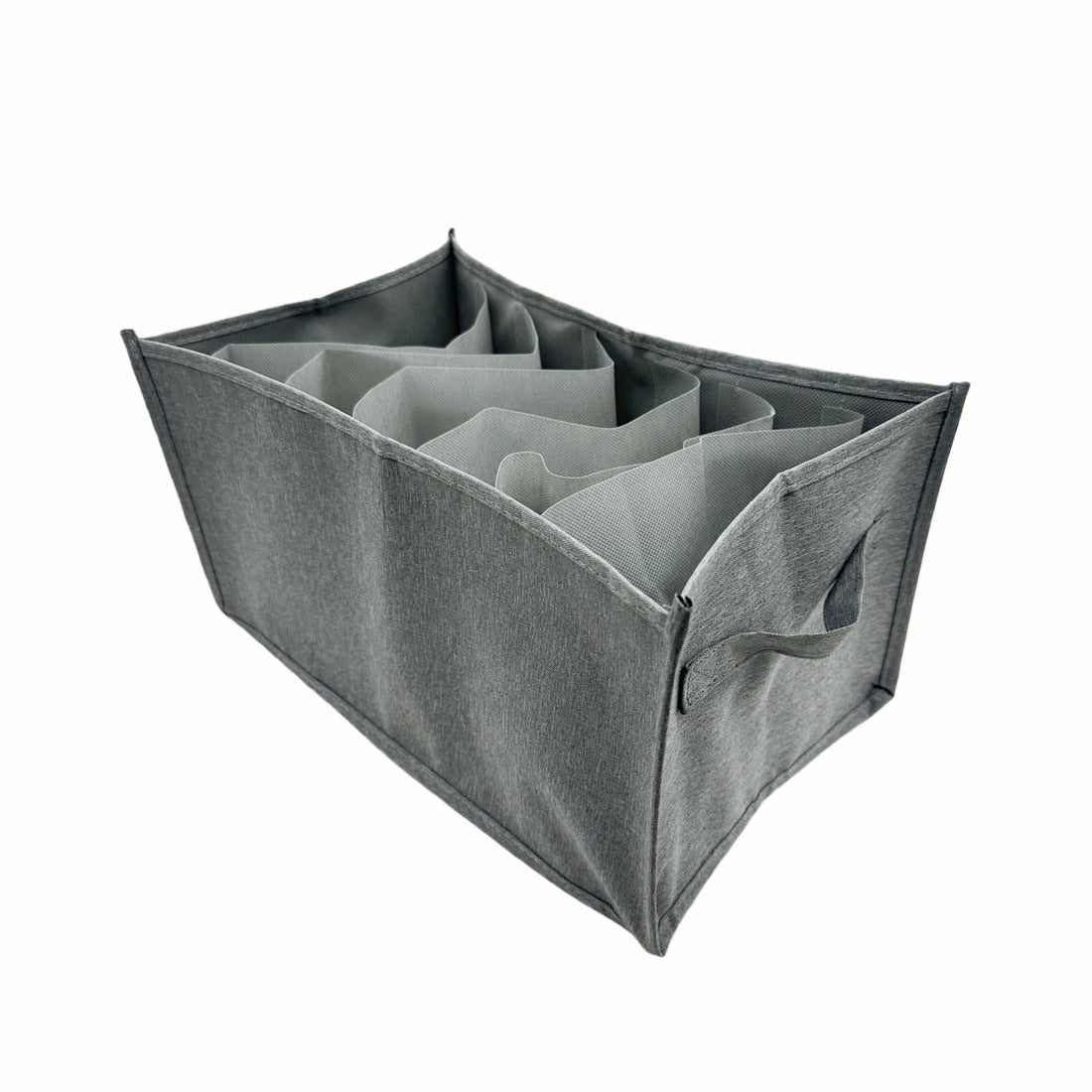 Gray fabric clothes organizer with open compartments and top divider slots