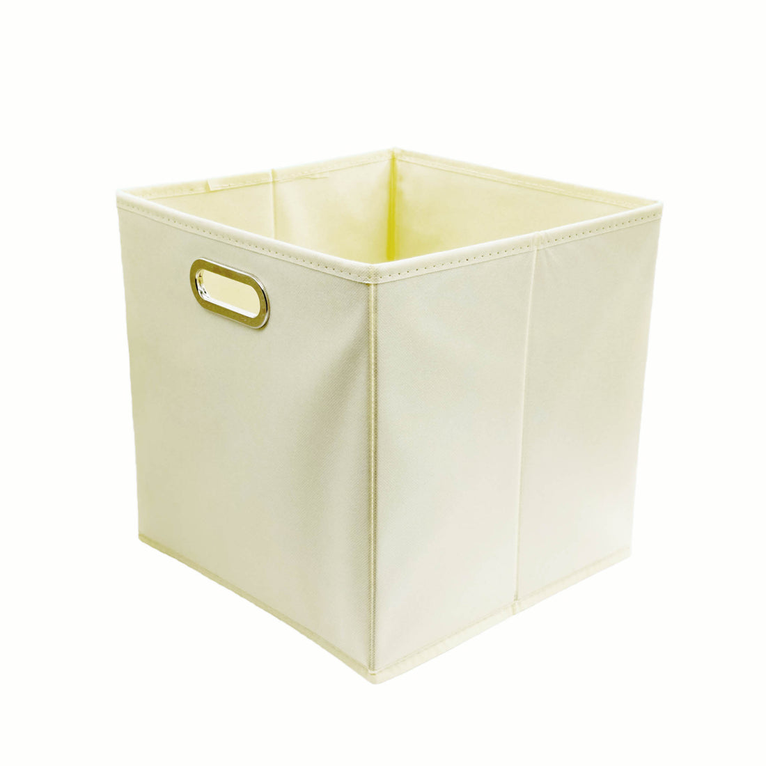 Cream fabric cube storage bin with stitched sides and built-in carry handle
