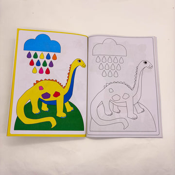 Dinosaur coloring book, open spread with colored dinosaur page and black-outline pages