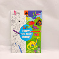 Dinosaur copy colour book, front cover with colorful dinosaur illustrations and title