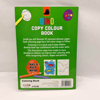 Dinosaur copy colour book, green back cover with printed text and small sample pages