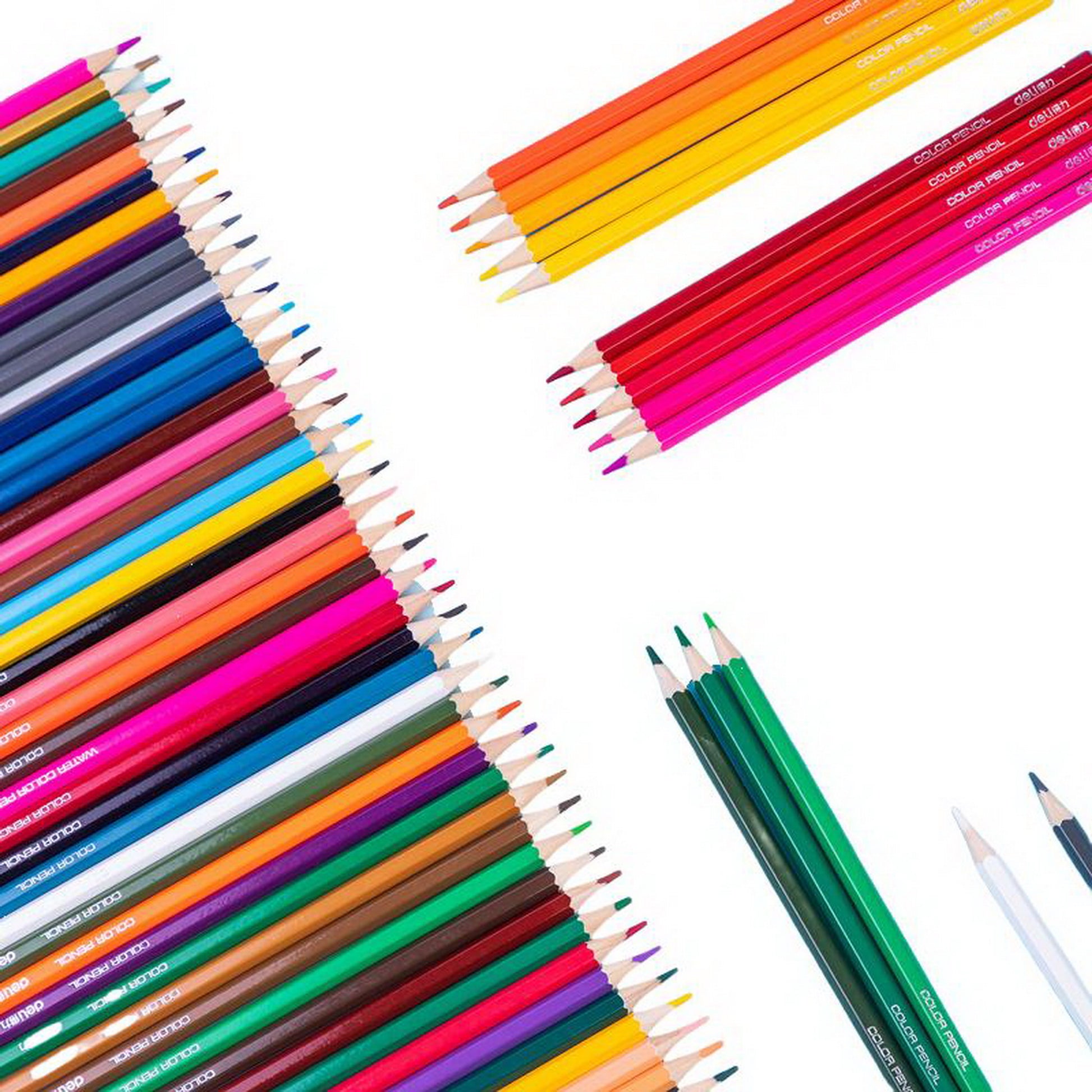 Close-up of assorted colored pencils with sharpened points, rainbow color variety