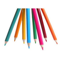 Colored pencils arranged with sharpened points, assorted colors
