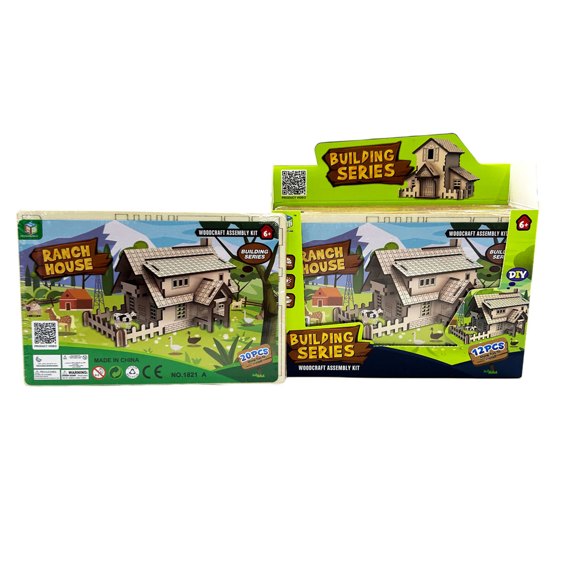 Ranch house wooden building kit boxes showing assembled house model on packaging