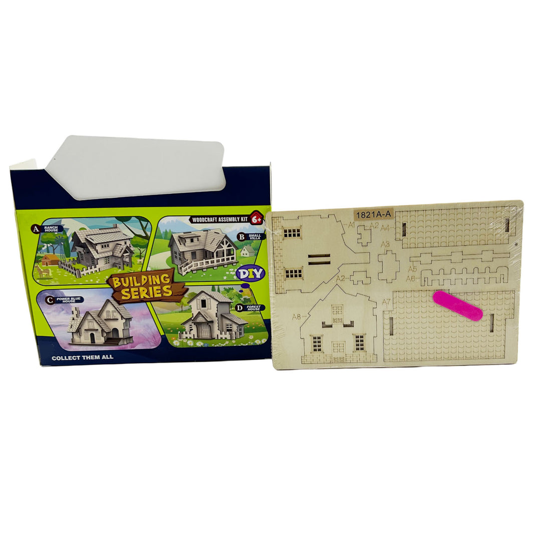 Wooden ranch house assembly kit, cardboard parts sheet with cutout walls