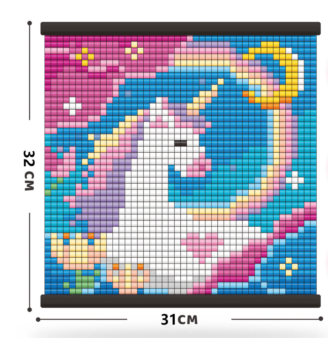Unicorn bead grid puzzle canvas on a black frame, blue and pink pixel pattern