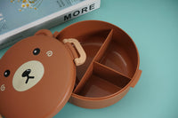 Large plush bunny toy open case, brown lid with bunny face; visible inner compartments