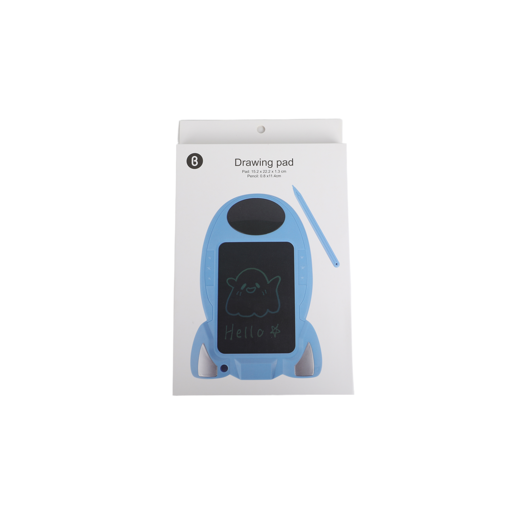 Kids digital drawing pad box showing blue rocket design and included stylus