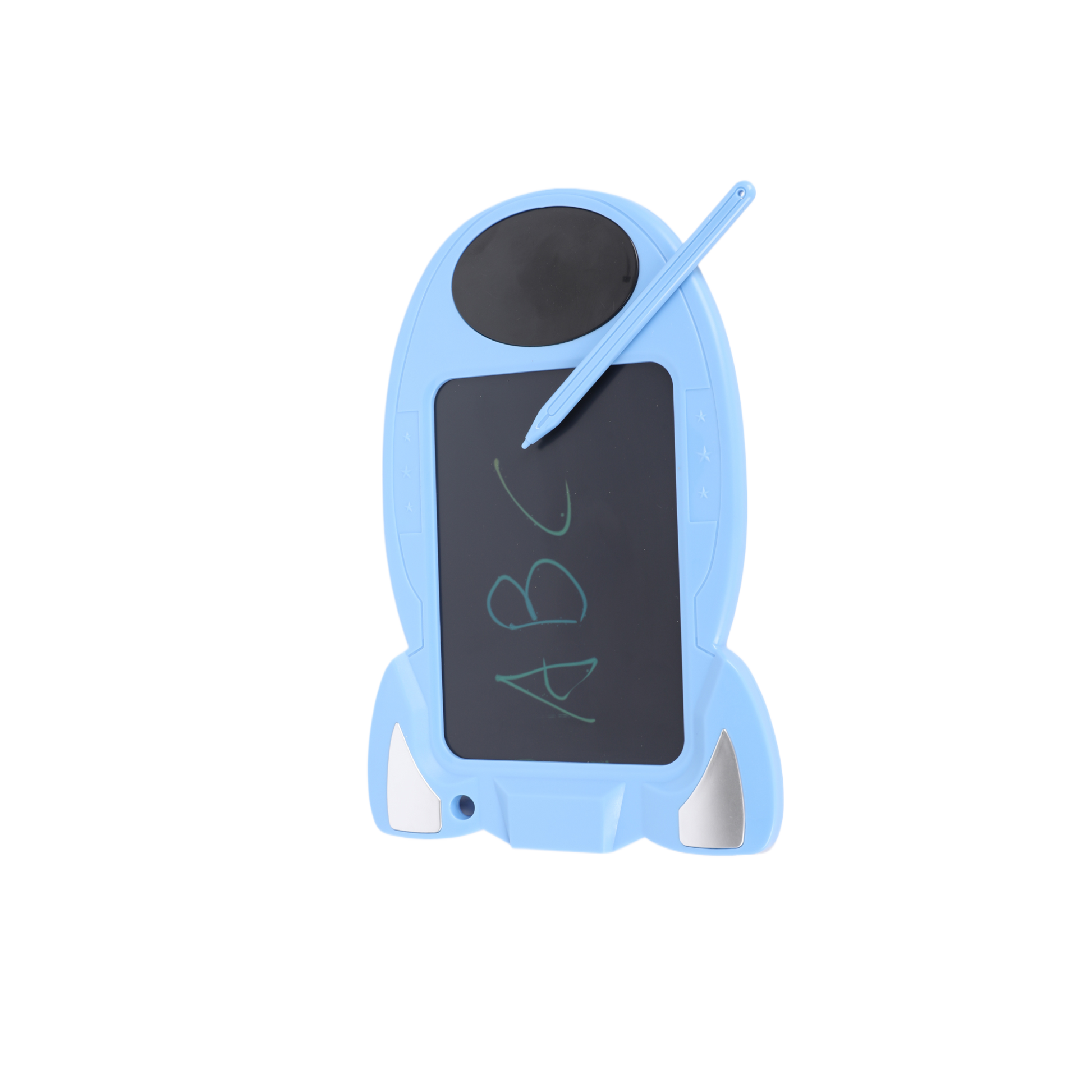 Blue digital drawing pad with black screen and stylus, rocket-shaped design