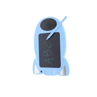 Blue digital drawing pad with black screen and stylus, rocket-shaped design