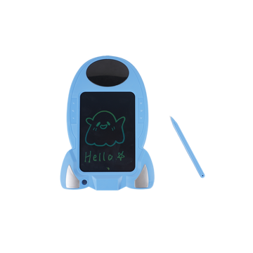 Blue kids digital drawing pad with black screen, stylus, and cat doodle display