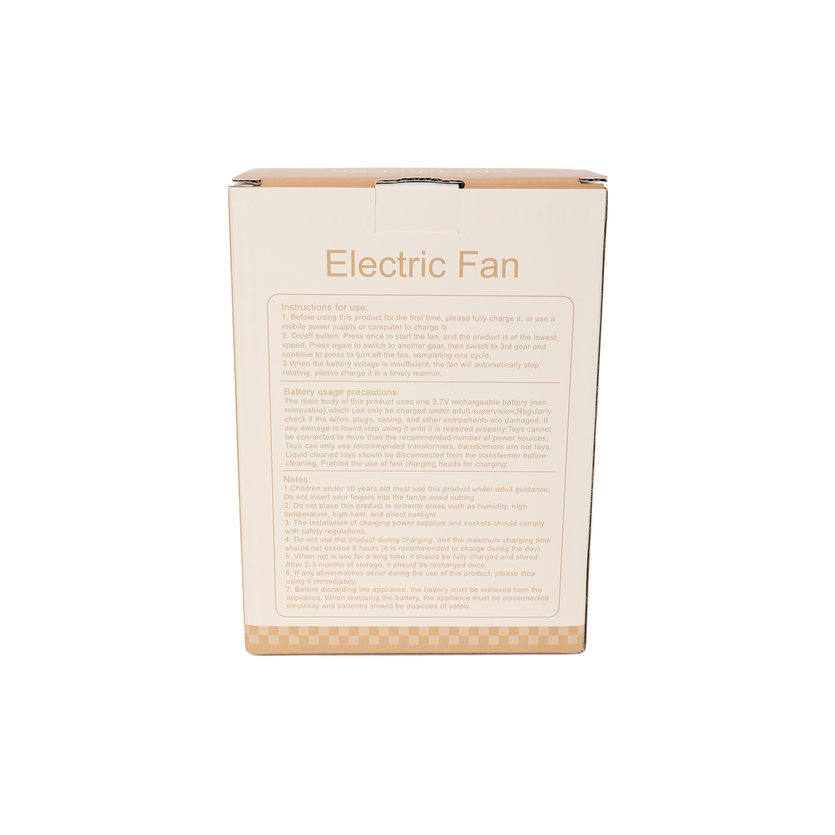 Electric fan retail box back panel with printed instructions and barcode