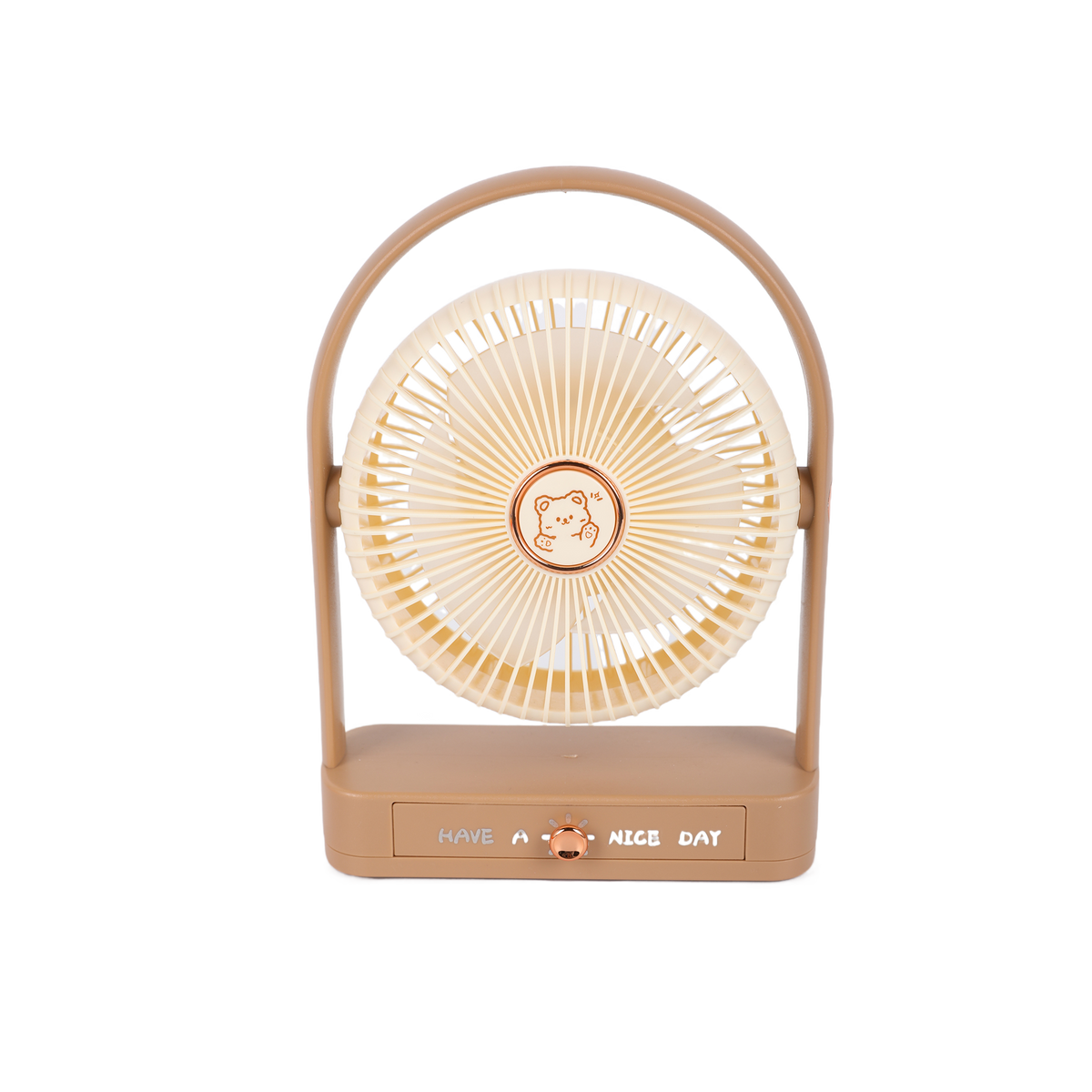 Compact desktop fan with arched handle and front grille, light tan