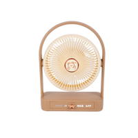 Compact desktop fan with arched handle and front grille, light tan
