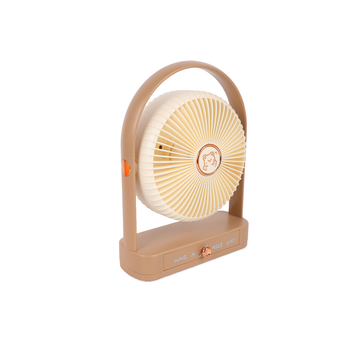 Compact desktop fan, side view with light tan frame and small orange control