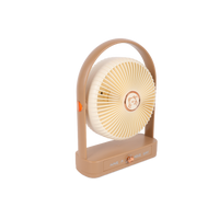 Compact desktop fan, side view with light tan frame and small orange control