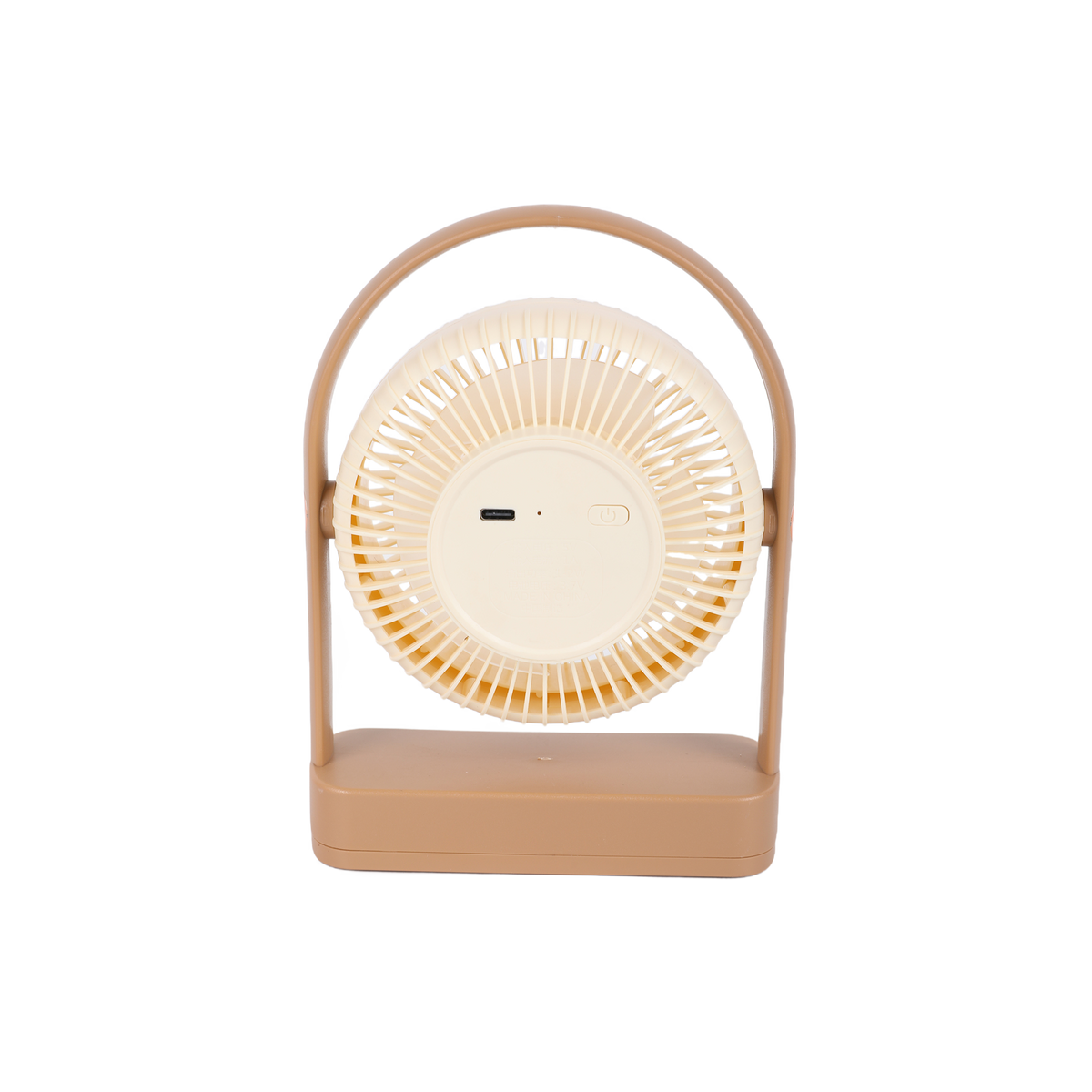 Compact desktop fan with round front grille and light tan base, centered controls