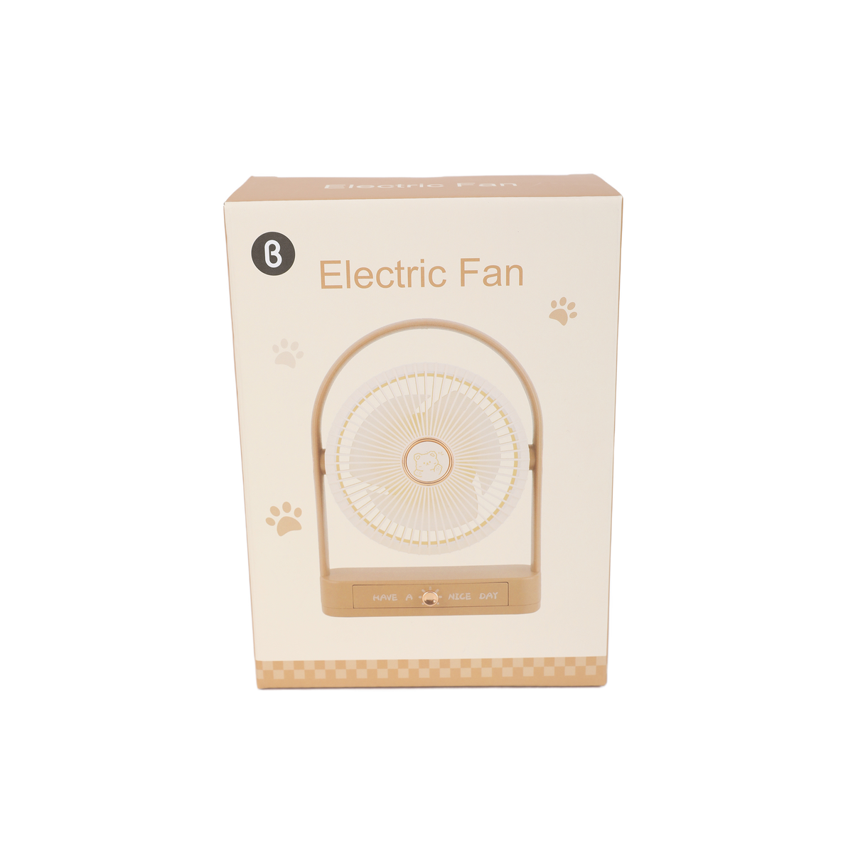 Electric fan retail box front with fan illustration and paw print graphics